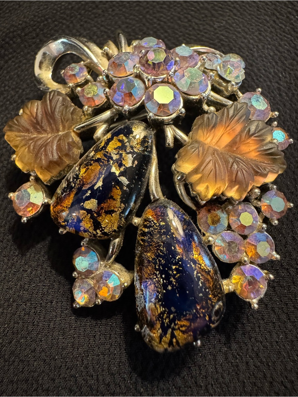 Vintage Aurora Borealis Rhinestone & Art Glass Floral Brooch